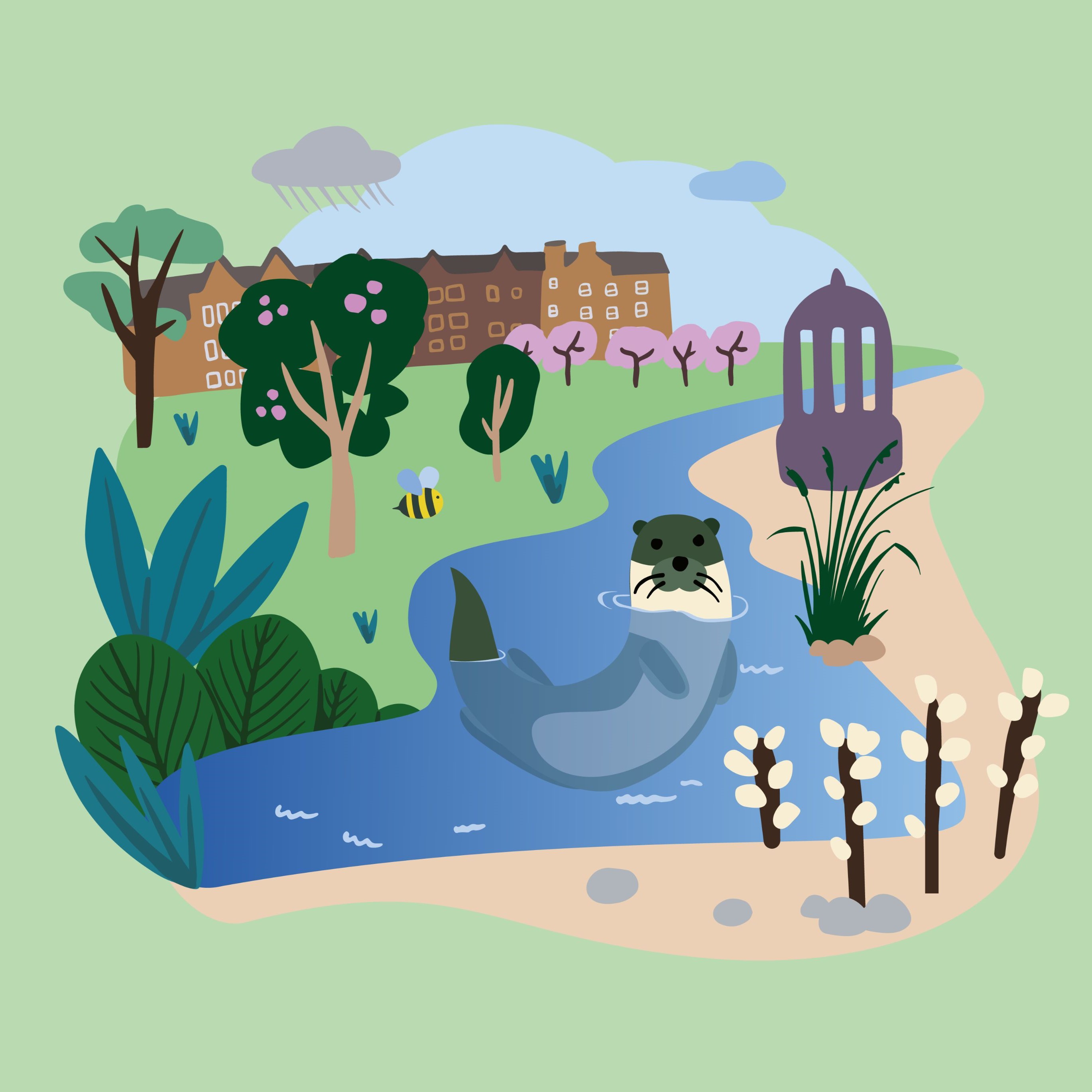 Illustration of Edinburgh urban spaces with a river and wildlife