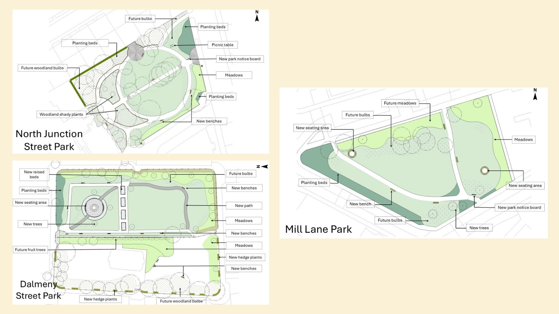 Design plans of North Junction Street Park, Dalmeny Street Park, and Mill Lane Park