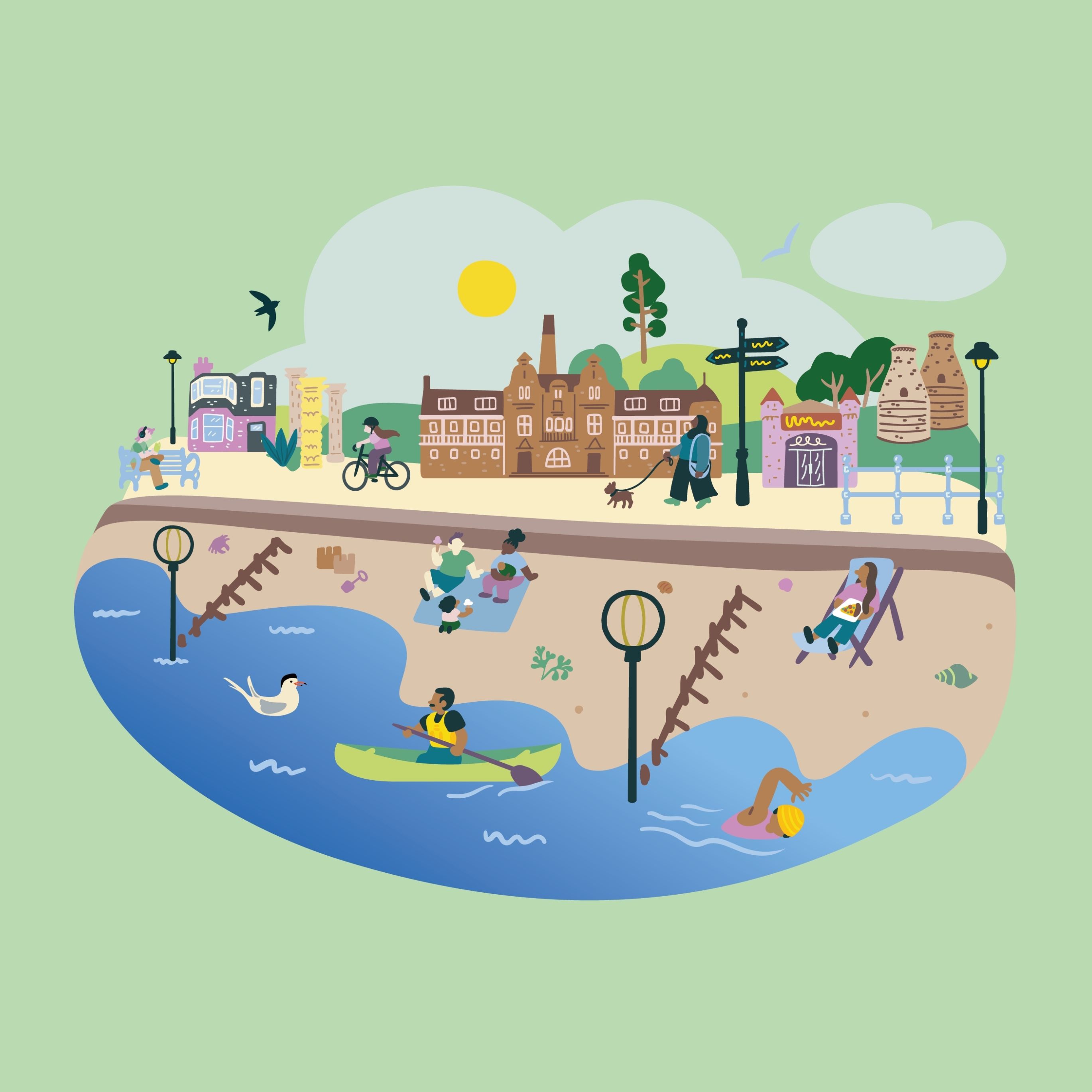 Illustration of the people walking, cycling and enjoying the promenade and the beach
