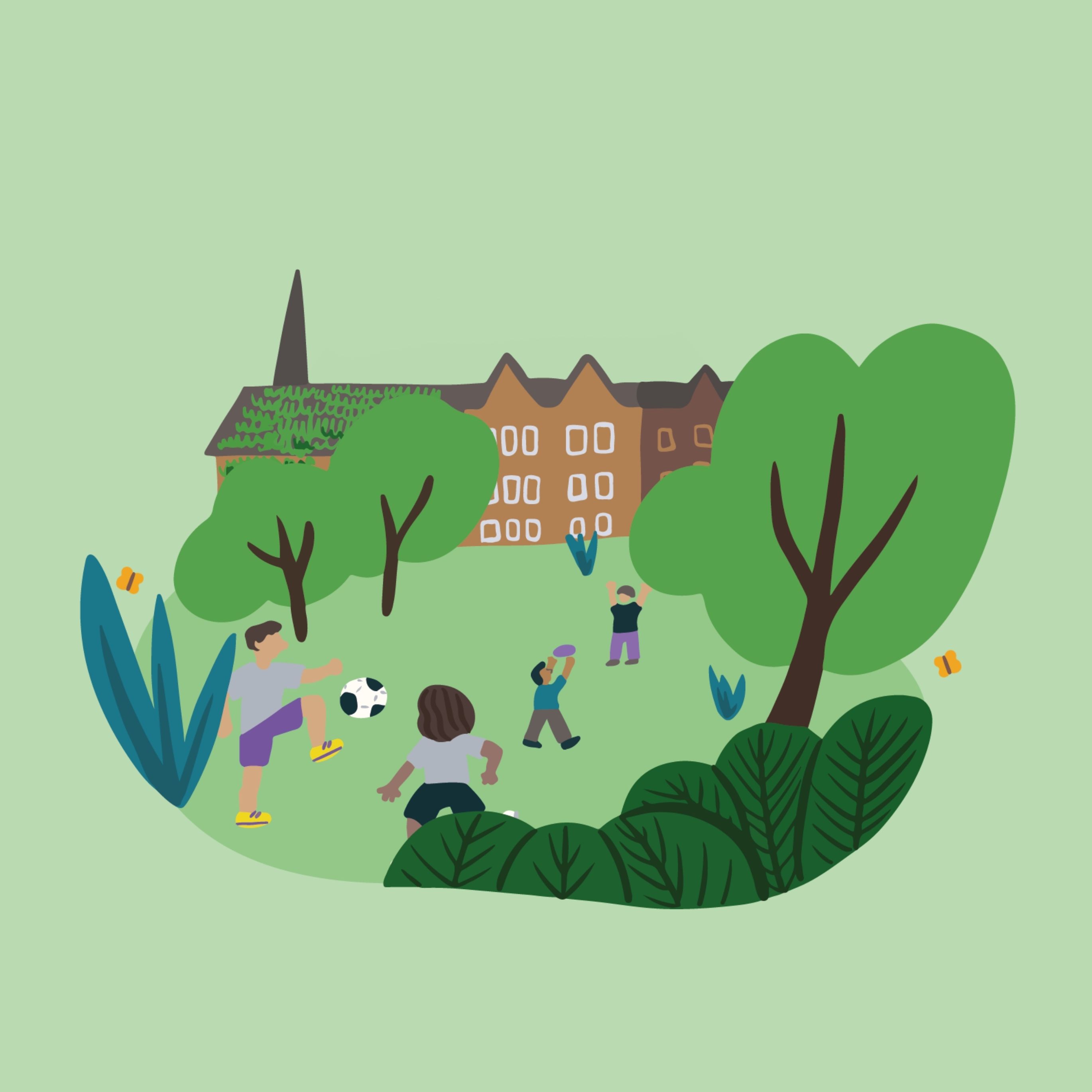 Illustration of people playing sports in a park