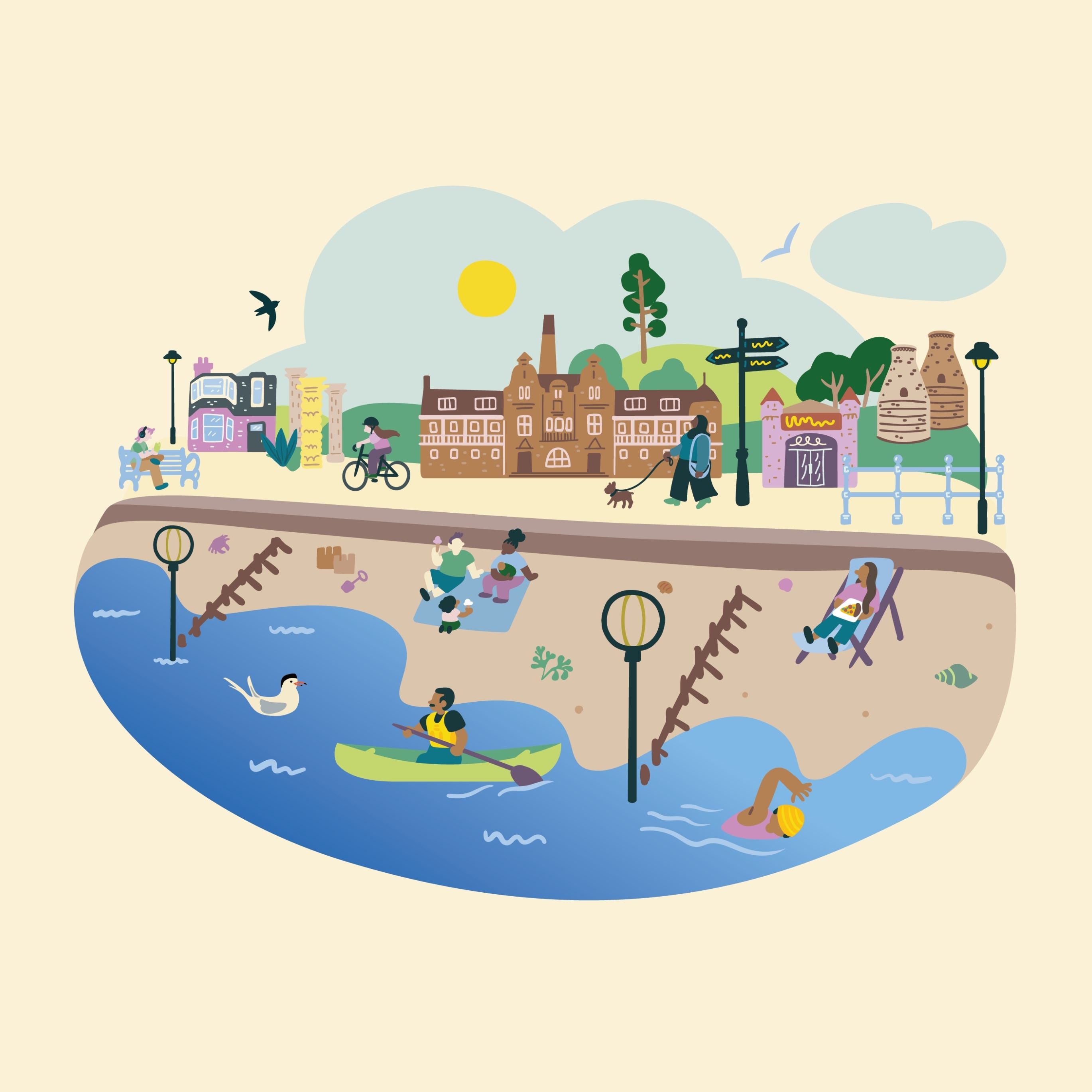 Illustration of the Portobello promenade and the beach with people enjoying the area